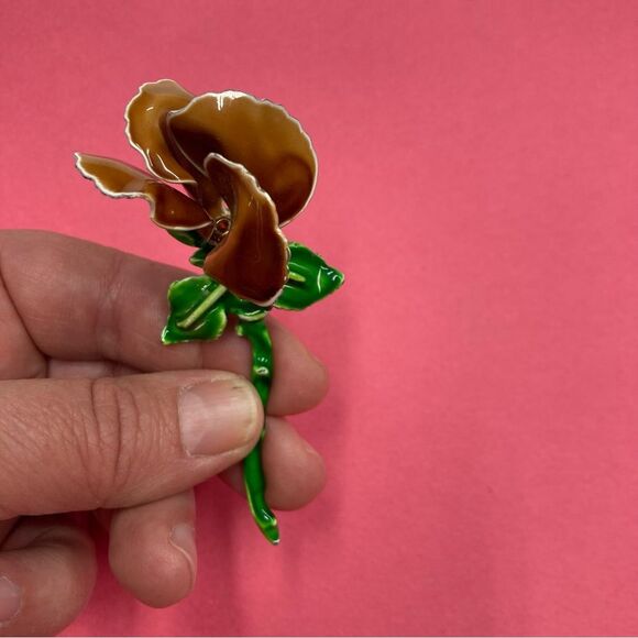 Rose Flower Brooch Pin Brown and Green Jewelry Accessory Boutonniere Ceramic - Picture 6 of 12